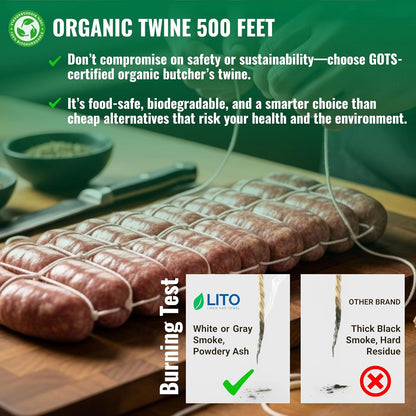 Organic Butcher’s Twine for Cooking & Trussing – 1.2mm Heavy-Duty Natural Cotton Kitchen Twine 500 Feet – Food-Safe, Oven-Safe String for Meat, Turkey, Baking, & Crafts