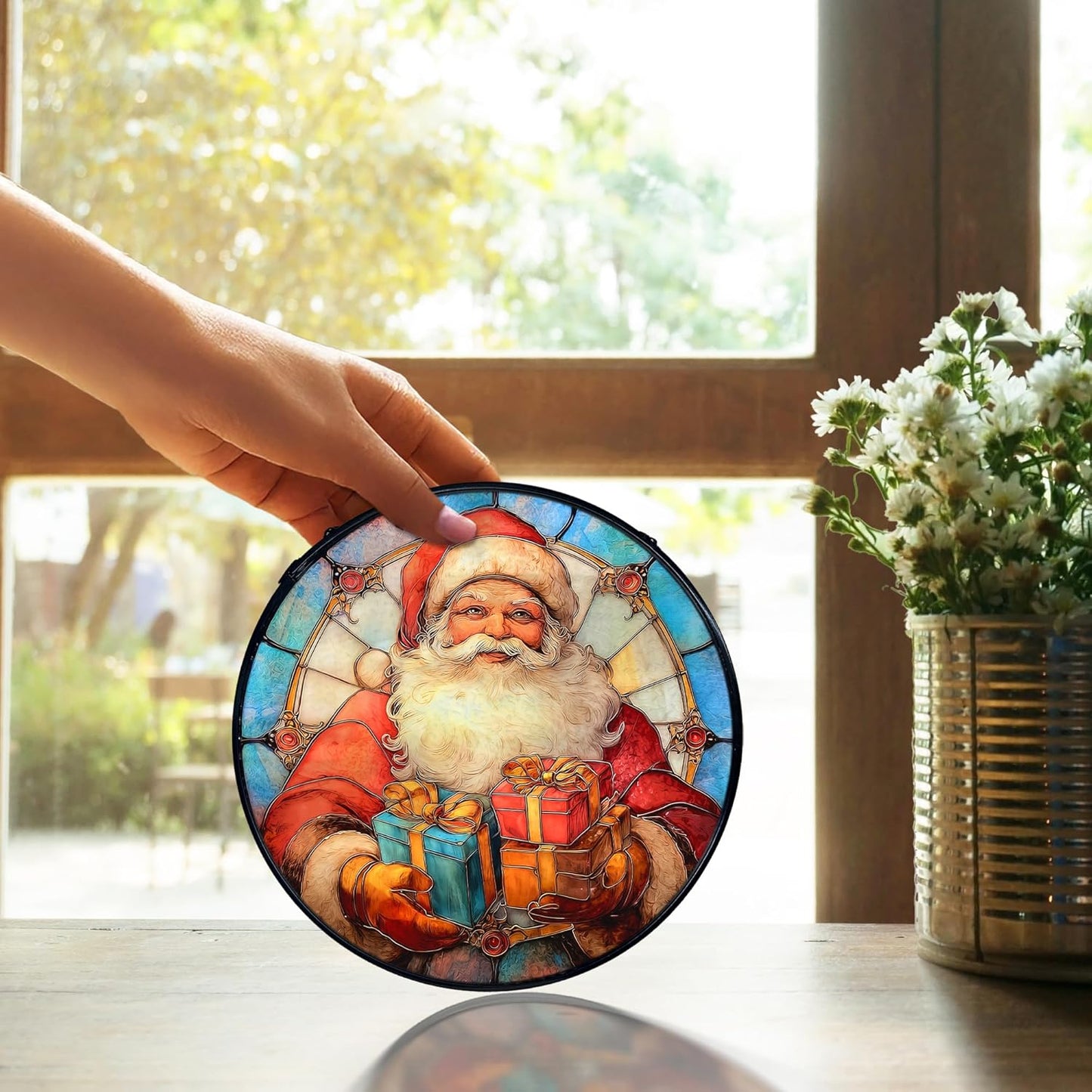 TNUW Christmas Stained Glass Window Hanging, Retro Winter Xmas Santa Claus Sun Catchers Indoor Window Glass Round Wall Art Decor, Christmas Wall Hanging Decorations, 7.9＂x7.9＂