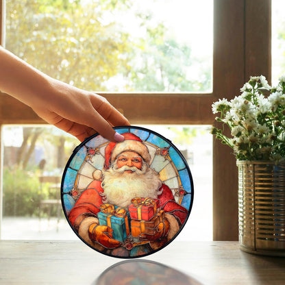 TNUW Christmas Stained Glass Window Hanging, Retro Winter Xmas Santa Claus Sun Catchers Indoor Window Glass Round Wall Art Decor, Christmas Wall Hanging Decorations, 7.9＂x7.9＂