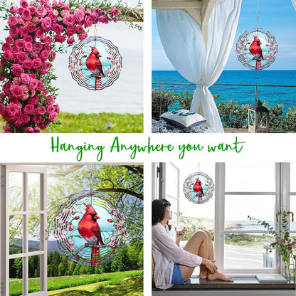3D Cardinal Wind Spinner 3D Bird Spinners with Flower for Yard and Garden 3D Stainless Steel Cardinal Spinner with Unique Visual Effect Perfect Garden Decoration and Gift 10Inch