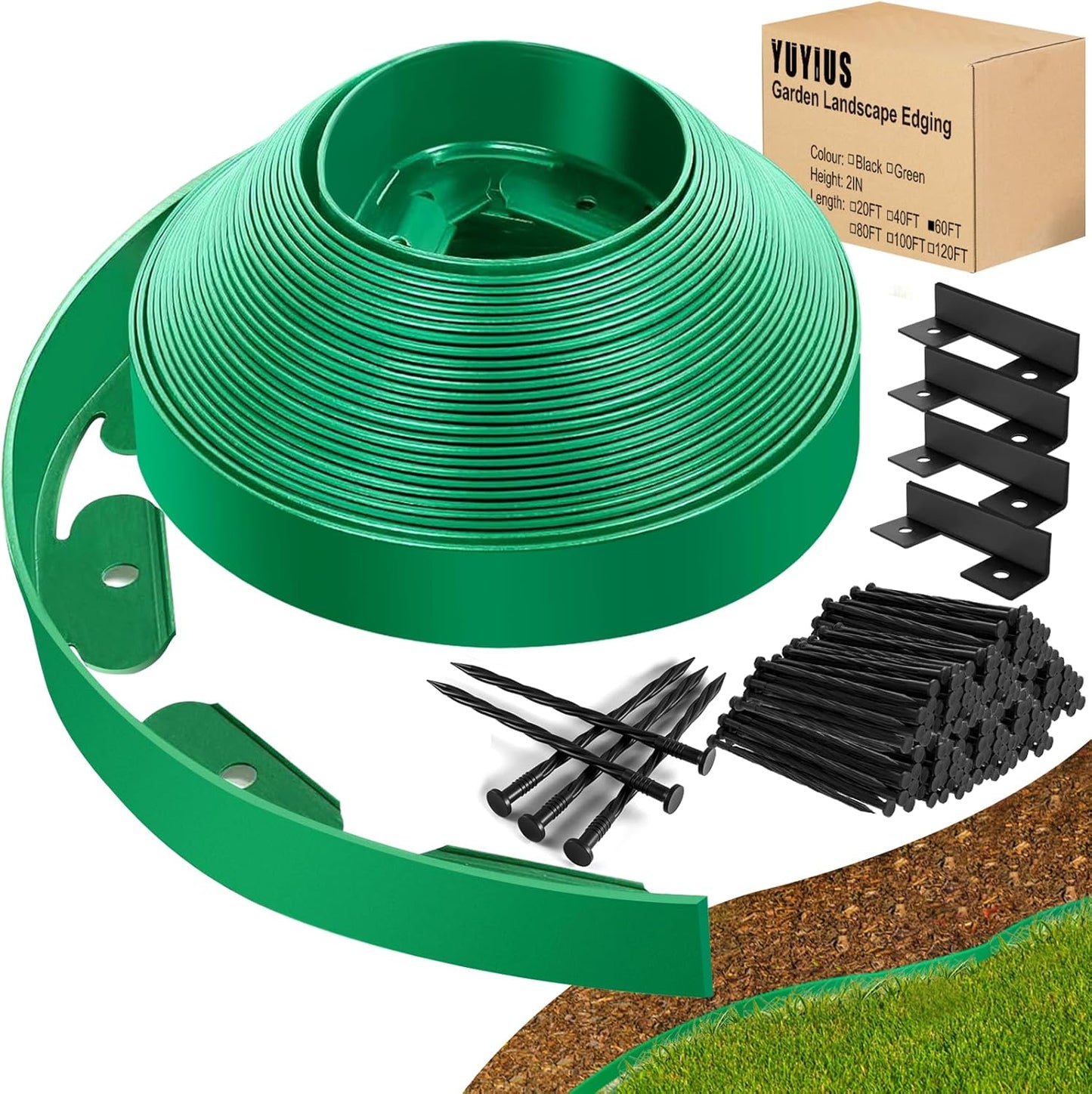 Landscape Edging - Garden Edging Border 60FT 2IN Tall with 90 Stakes, No Dig Lawn Edging for Landscaping for Garden Bed, Yard, 0.15" Thick Flower Bed Border Edging with Connector for Outdoor