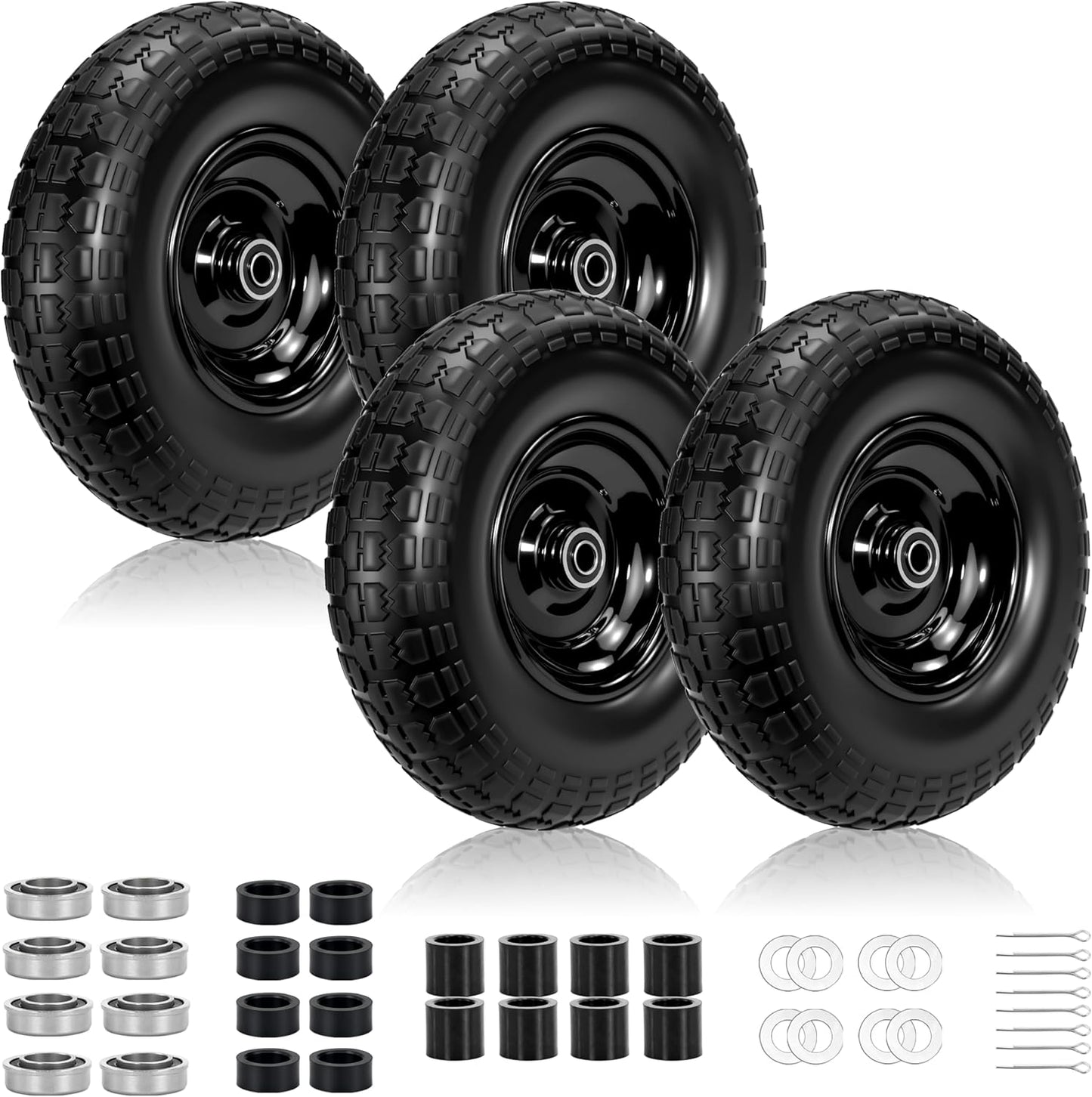 13" Flat Free Tire and Wheel,4.00-6 Wheelbarrow Wheels and Tires with 5/8" or 3/4" Bearings, 13"Solid Tires Replacement for Wheelbarrow, Gorilla Cart, Hand Trucks, Garden Carts 4 Pack