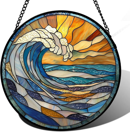Stained Glass Window Hanging, Orange Clouds Blue White Sea Waves Landscape Suncatcher for Doors Window Home Sun Catchers Decor Mother's Day Birthday Gifts for Women Men Mom 15 in
