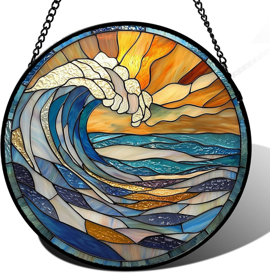 Stained Glass Window Hanging, Orange Clouds Blue White Sea Waves Landscape Suncatcher for Doors