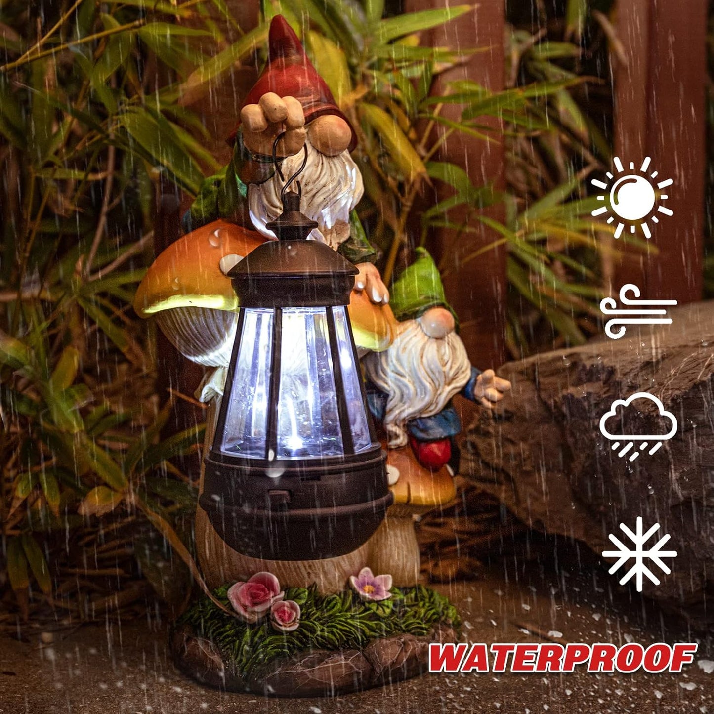 Garden Gnome Statue, Large Funny Gnome Figurine Climbing on Mushroom and Holding a Solar LED Lantern Resin Ornament for Patio Yard Lawn Porch Outdoor Decor