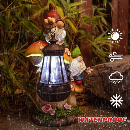 Garden Gnome Statue, Large Funny Gnome Figurine Climbing on Mushroom and Holding a Solar LED Lantern Resin Ornament for Patio Yard Lawn Porch Outdoor Decor