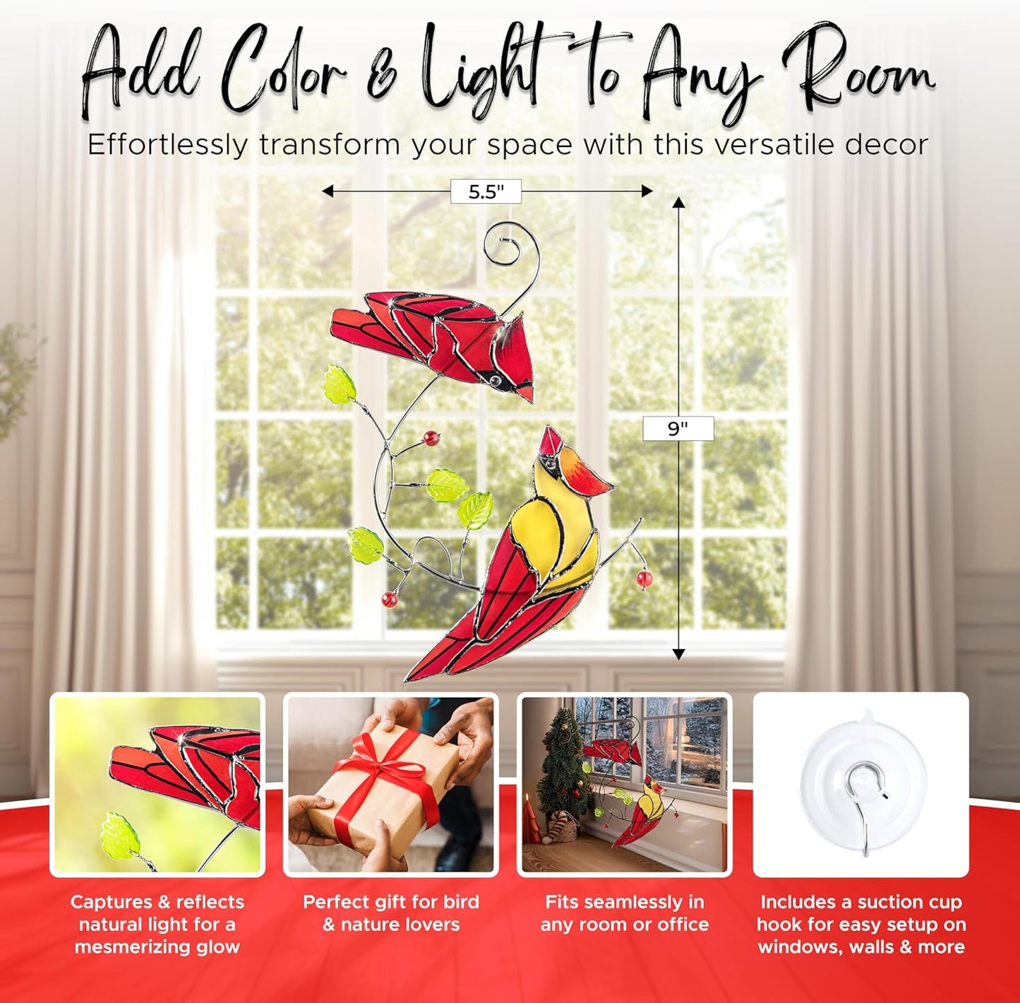 Duo Cardinal Bird Stained Glass Suncatchers for Windows Hanging, Decorative Glass Birds Ornament Window Suncatcher, Unique Bird Lover Gift for Mom, Grandma, Women, or Home Décor