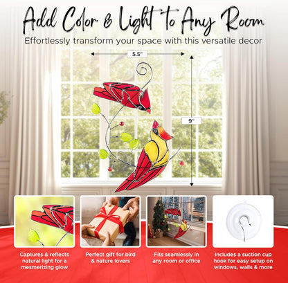 Duo Cardinal Bird Stained Glass Suncatchers for Windows Hanging, Decorative Glass Birds Ornament Window Suncatcher, Unique Bird Lover Gift for Mom, Grandma, Women, or Home Décor