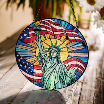 7.8"Patriotic Statue of Liberty Stained Glass Suncatcher, Red White Blue Window Hanging, 4th of July Wall Art Decor Independence Day Gift for Veterans Military American Flag Painted Panel ART-48E-SG8