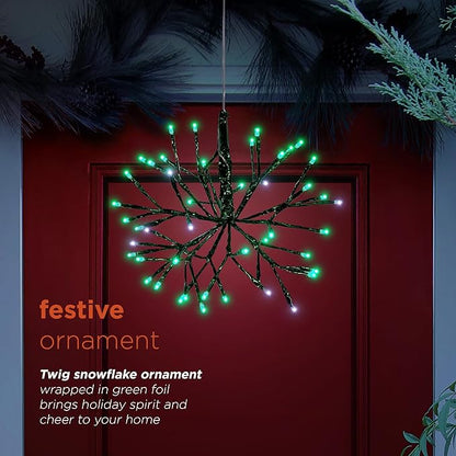 Alpine Corporation 10" H Indoor Christmas Twig 3D Hanging Snowflake Ornament with LED Lights, Green, Christmas Decoration (Pack of 4)