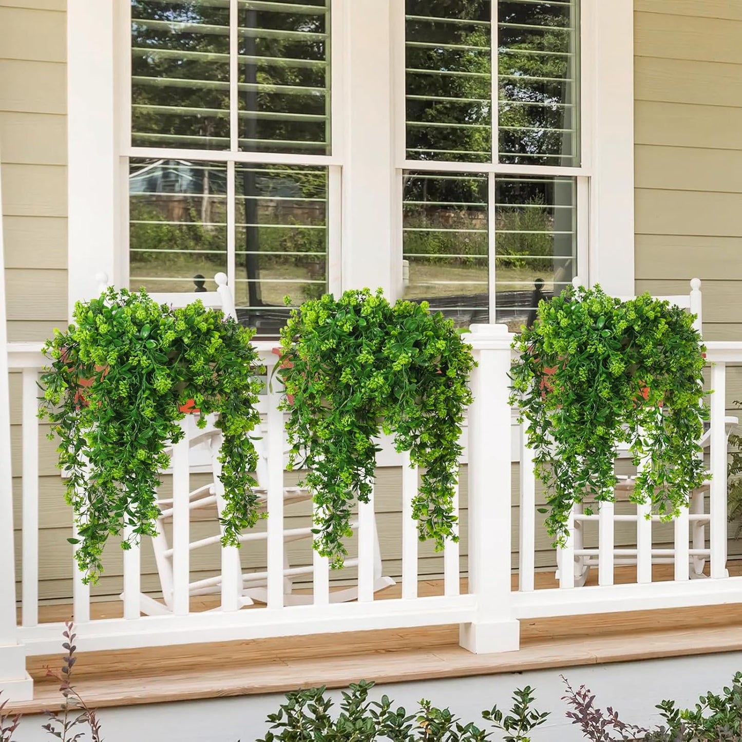 SJL Fake Hanging Plants 3pcs Hanging Plants with Flowers Artificial Greenery Faux Ivy Vine Leaves UV Resistant Plastic Plant Faux Greenery Vine Plant for Wall Home Indoor Outdoor Decor (Green)