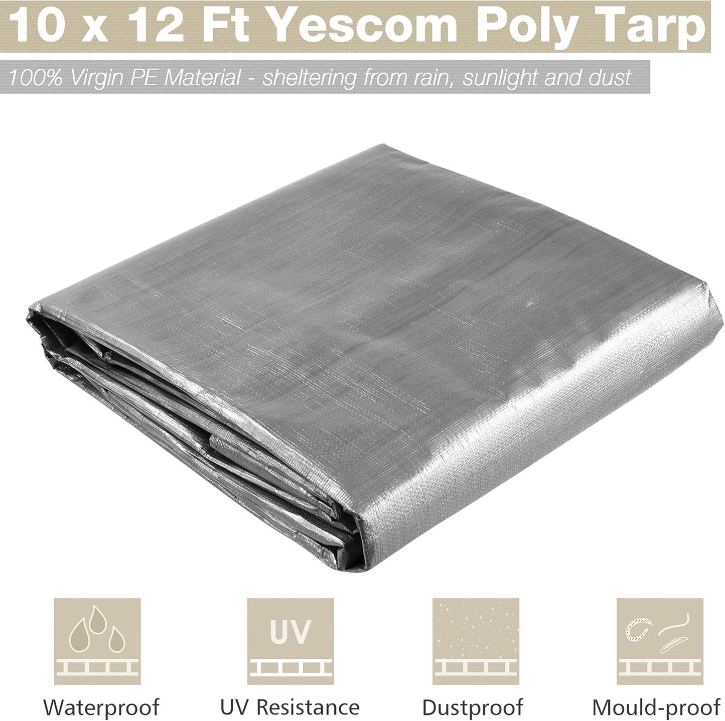 Yescom 10x12ft Heavy Duty Reinforced Poly Tarp 10-mil Waterproof Tarpaulin Ground Sheet Camping Tent Cover with Eyelets Reversible Silver Black Tarps