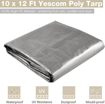 Yescom 10x12ft Heavy Duty Reinforced Poly Tarp 10-mil Waterproof Tarpaulin Ground Sheet Camping Tent Cover with Eyelets Reversible Silver Black Tarps