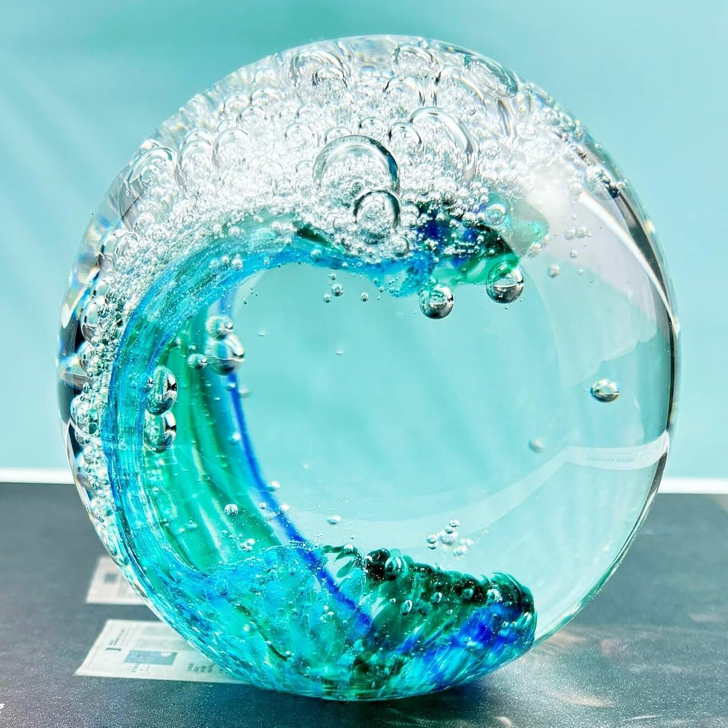 Decorative Crystal Ball Figurines Ocean Waves Paperweight Blown Glass Decor Sea Art Ocean Lovers Gift Blue Green 3.15"