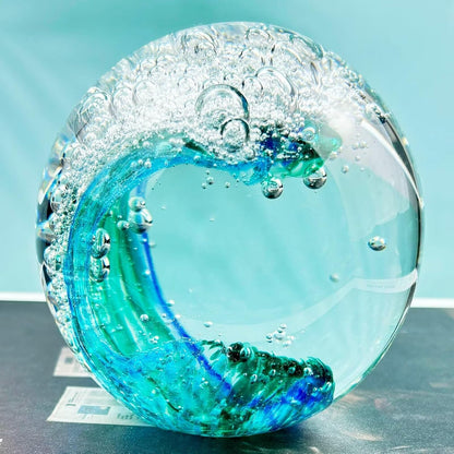 Decorative Crystal Ball Figurines Ocean Waves Paperweight Blown Glass Decor Sea Art Ocean Lovers Gift Blue Green 3.15"