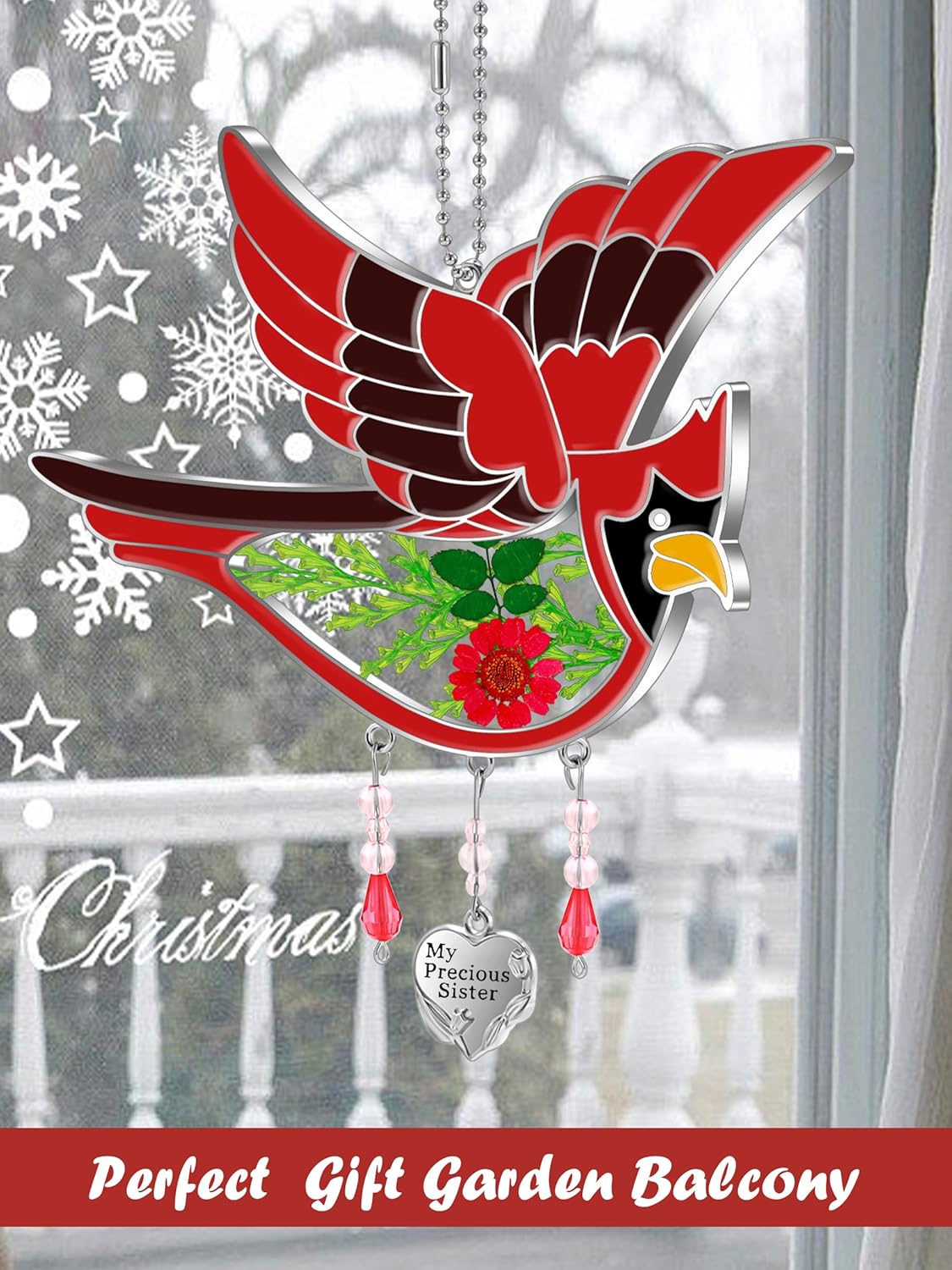 KY&BOSAM Cardinal Suncatcher My Precious Sister Had Painted Stained Glass Sun Catcher for Windows Hangings Wind Chime Birthday Gifts for Sister Mother`s Day Valentine's Christmas Thanksgiving