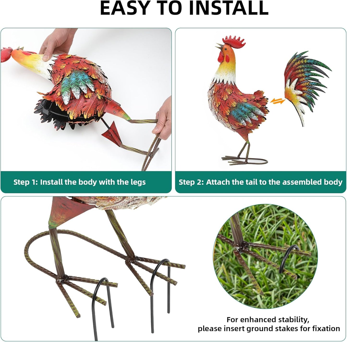 21" Metal Rooster Yard Decor, Outdoor Garden Statues, Metal Chicken Sculpture for Backyard Patio Kitchen Decor