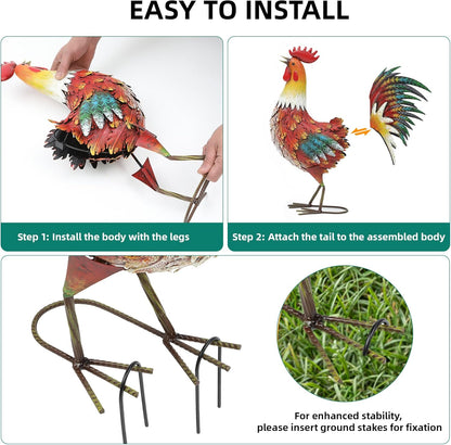 21" Metal Rooster Yard Decor, Outdoor Garden Statues, Metal Chicken Sculpture for Backyard Patio Kitchen Decor