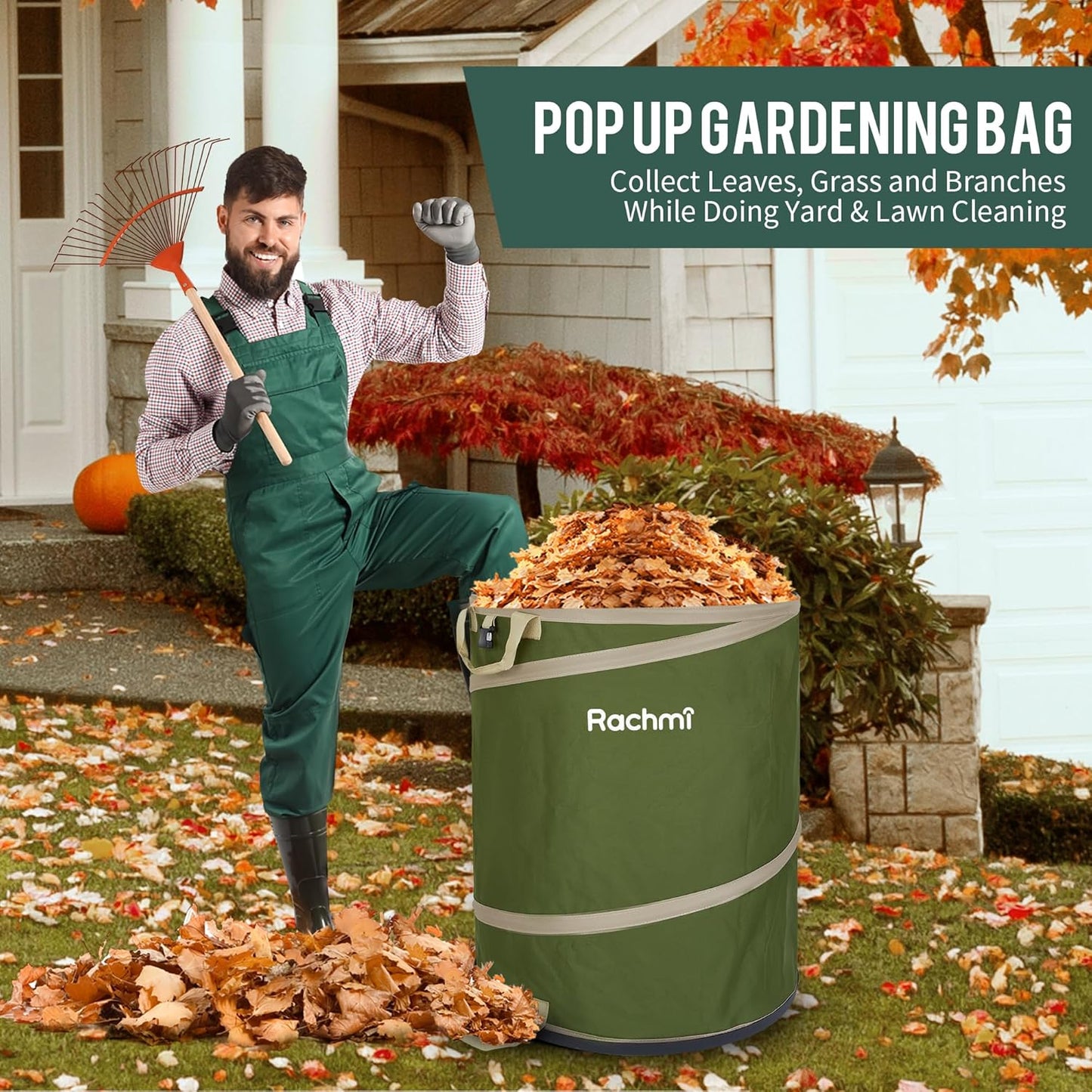 Rachmi 47 Gallon Collapsible Trash Can 2-Pack with Hard Bottom | Extra Large Reusable Yard Leaf Waste Bag Outdoor Pop Up Recycle Bin for Camping, Green
