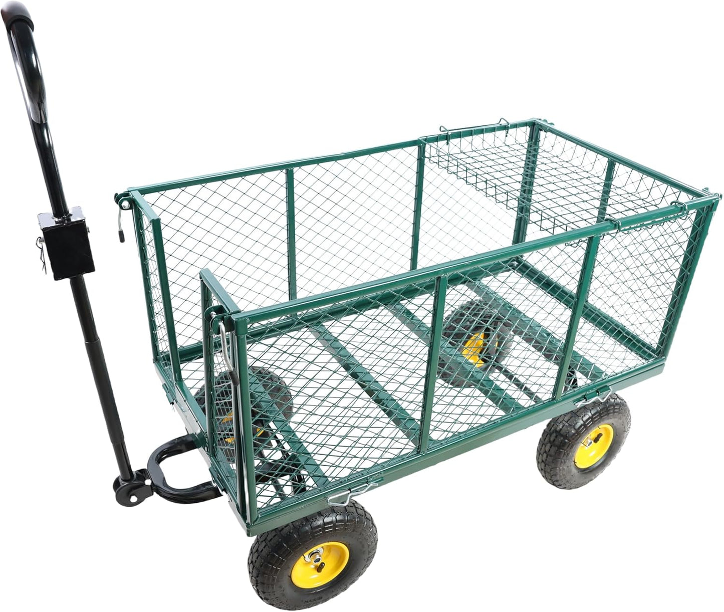 Heavy Duty Garden Wagon with Foldable Sides, Pneumatic Tires, Adjustable Handle (Green + Cloth Pocket)