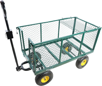 Heavy Duty Garden Wagon with Foldable Sides, Pneumatic Tires, Adjustable Handle (Green + Cloth Pocket)