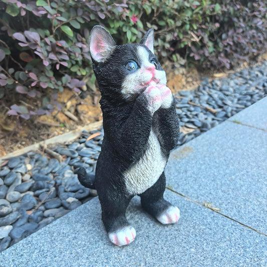 Playful Cat Statue Kitten Sculpture for Garden,Black & White Cat Figurine Decorative for Patio,Cute