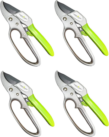 Garden Guru Professional Ratchet Pruning Shears Clippers – 4X Cutting Power – Ratcheting Garden Anvil Pruners Scissors - Makes Tough Cuts Easy - Great for Seniors & Arthritic Hands (4 Pack)