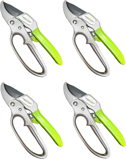 Garden Guru Professional Ratchet Pruning Shears Clippers – 4X Cutting Power – Ratcheting Garden Anvil Pruners Scissors - Makes Tough Cuts Easy - Great for Seniors & Arthritic Hands (4 Pack)