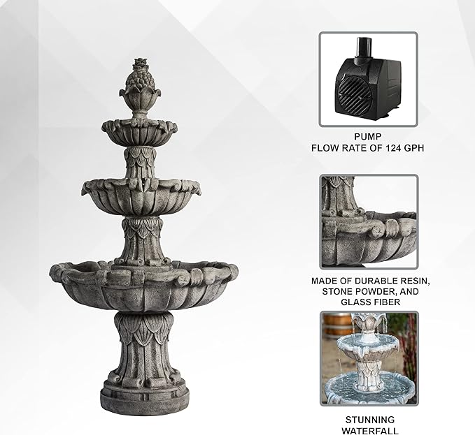 58.3" 3-Tier Outdoor Freestanding Water Fountain - Classic Leaf Design, Large Bird Bath with Pump - Ideal for Yard, Lawn and Garden Décor