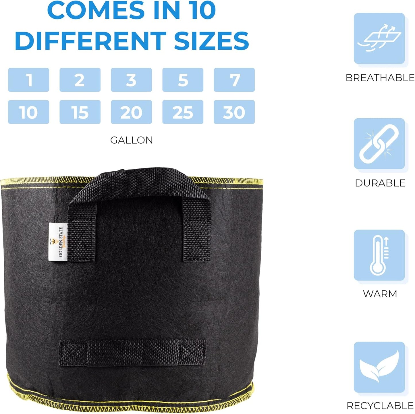 Grow Bags: 5-Pack (Size: 10 Gallon): 300gsm Black Felt Fabric w/Yellow Stitch, Biodegradable and eco-Friendly Material. (Handles + Dumping Handles-pat.Pend).