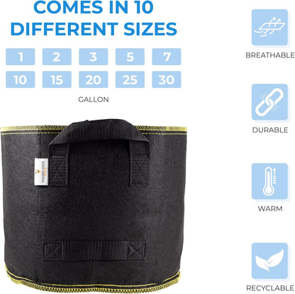 Grow Bags: 5-Pack (Size: 10 Gallon): 300gsm Black Felt Fabric w/Yellow Stitch, Biodegradable and eco-Friendly Material. (Handles + Dumping Handles-pat.Pend).