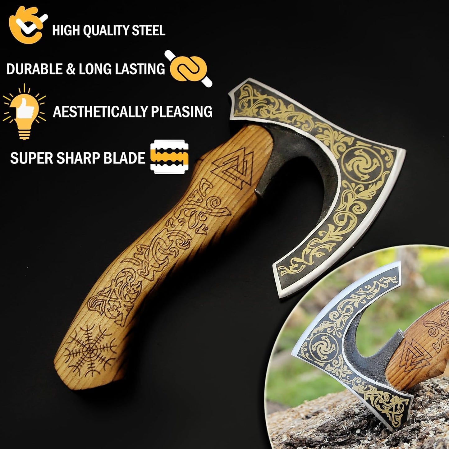 SHINY CRAFTS-Viking axe bearded axe tomahawk birthday gifts-Viking Axe with Carbon Steel Head and Ash Wood Handle is black polished, Viking Gifts for Men with Premium Quality Leather Sheath (SCA-0025)