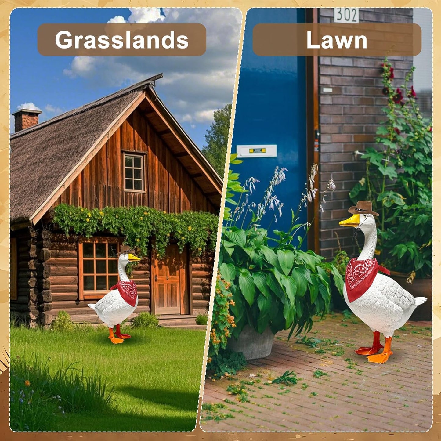 Porch Goose Outfits Western Cowboy Style, Lawn Cement Goose Clothes Outfits for Cement Goose Includes Adjustable Cowboy Hat and Scarf for 23/17″ Outdoor Statue (Brown,Red)