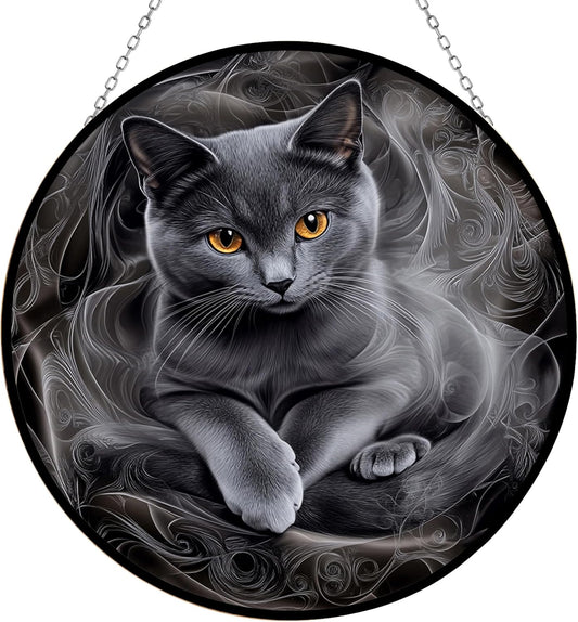 Easter Gray Cat Stained Glass Window Hanging, Suncatcher for Women, Stained Glass Window Decor