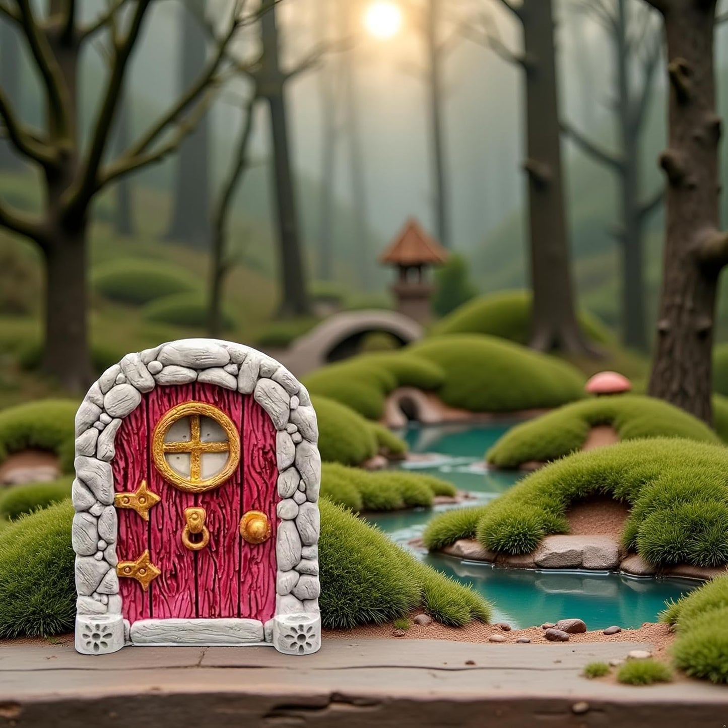 Red Mini Fairy Garden Door for Tree, 3D Miniature Fairy Door for Fairytale Tiny House Doors, Bonsai Terrarium Micro Landscape Decoration Accessories Garden Miniatures