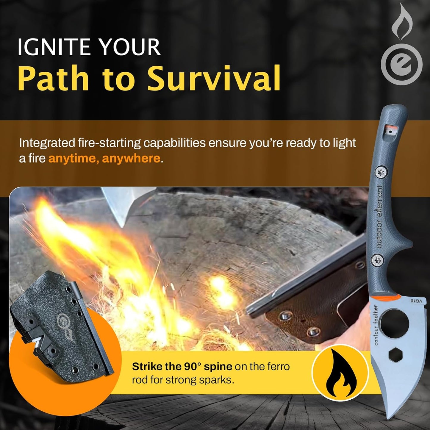 OUTDOOR ELEMENT Contour Feather Survival and Culinary Knives – VG10 Steel Fixed Blade with Fire Starter, Hex Driver, Knife Sharpener, Sheath & Built in Whistle - Built For Camping & Outdoor Adventure