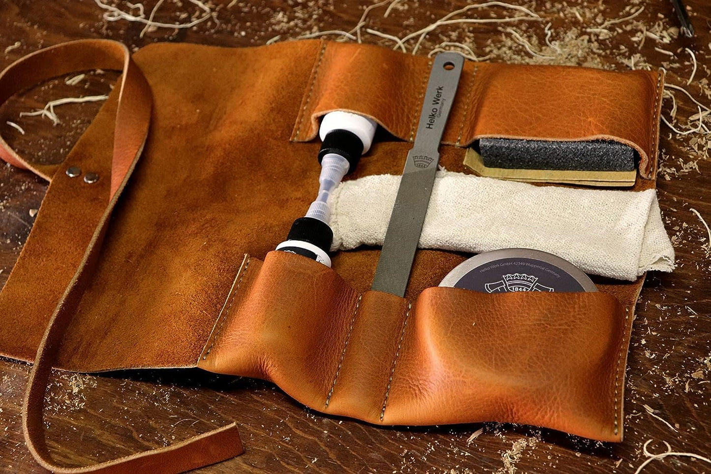 1844 Helko Werk Germany Deluxe Axe Care and Maintenance Kit - Axe Maintenance Tool Care, Sharpening Stone, Axe Wax, Leather Oil, Leather Paste, 4 Oz. AxeGuard (Deluxe Maintenance Kit) #F8790-3