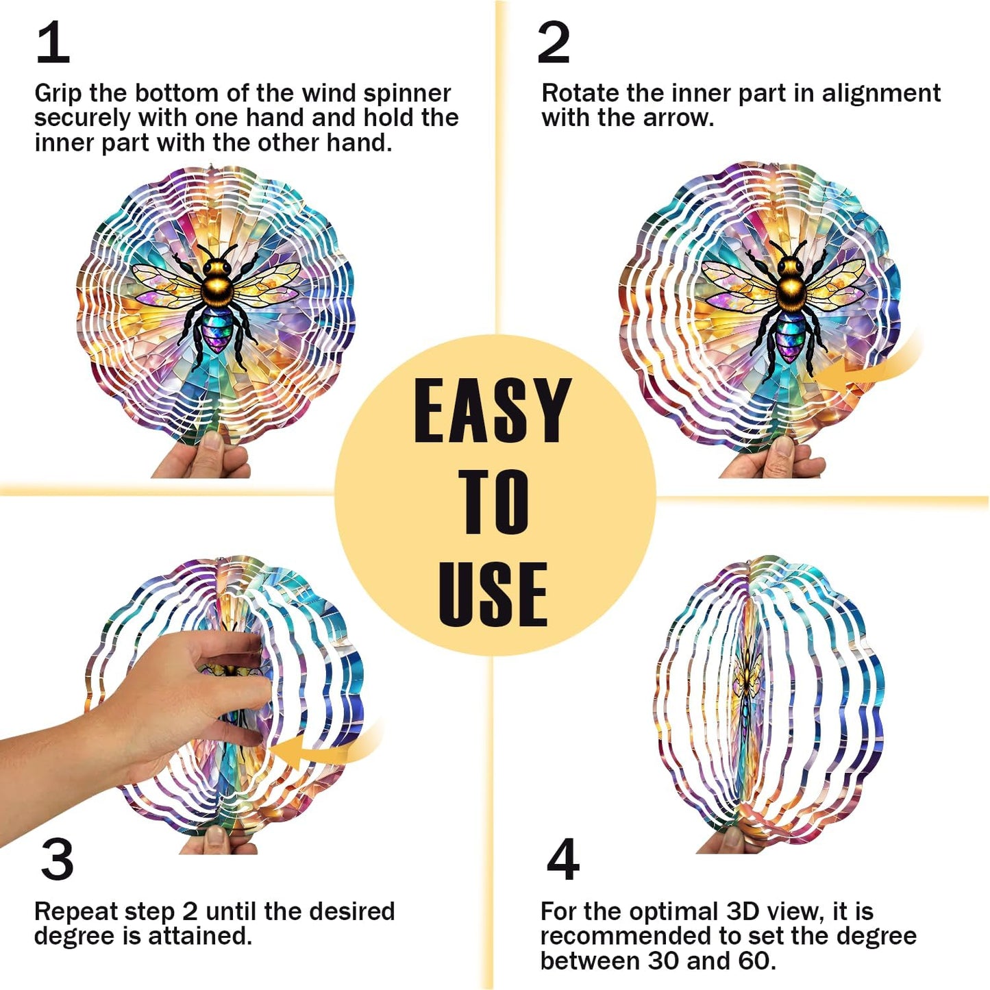 Bee Wind Spinner, 3D Hanging Stainless Steel Garden Spinner, Wind Spinner Hanging for Outdoor & Indoor Décor, Unique Gifts for Yard Garden Decoration or Patio Décor (Bee)
