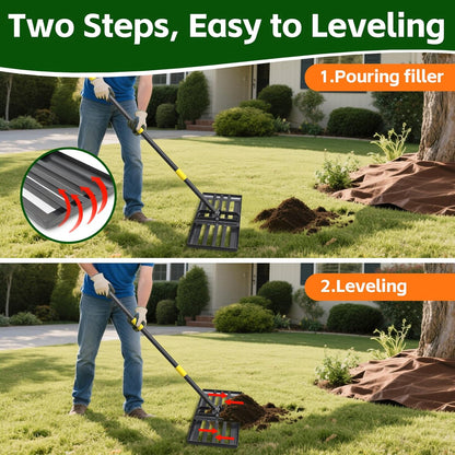 Lawn Leveling Rake 30”x10” Large Heavy Duty Metal Lawn Leveler with 65” Long Adjustable Handle Proffesional Yard Leveling Rake for Soil Dirt Sand Compost Efficient Lawn Leveling Tool