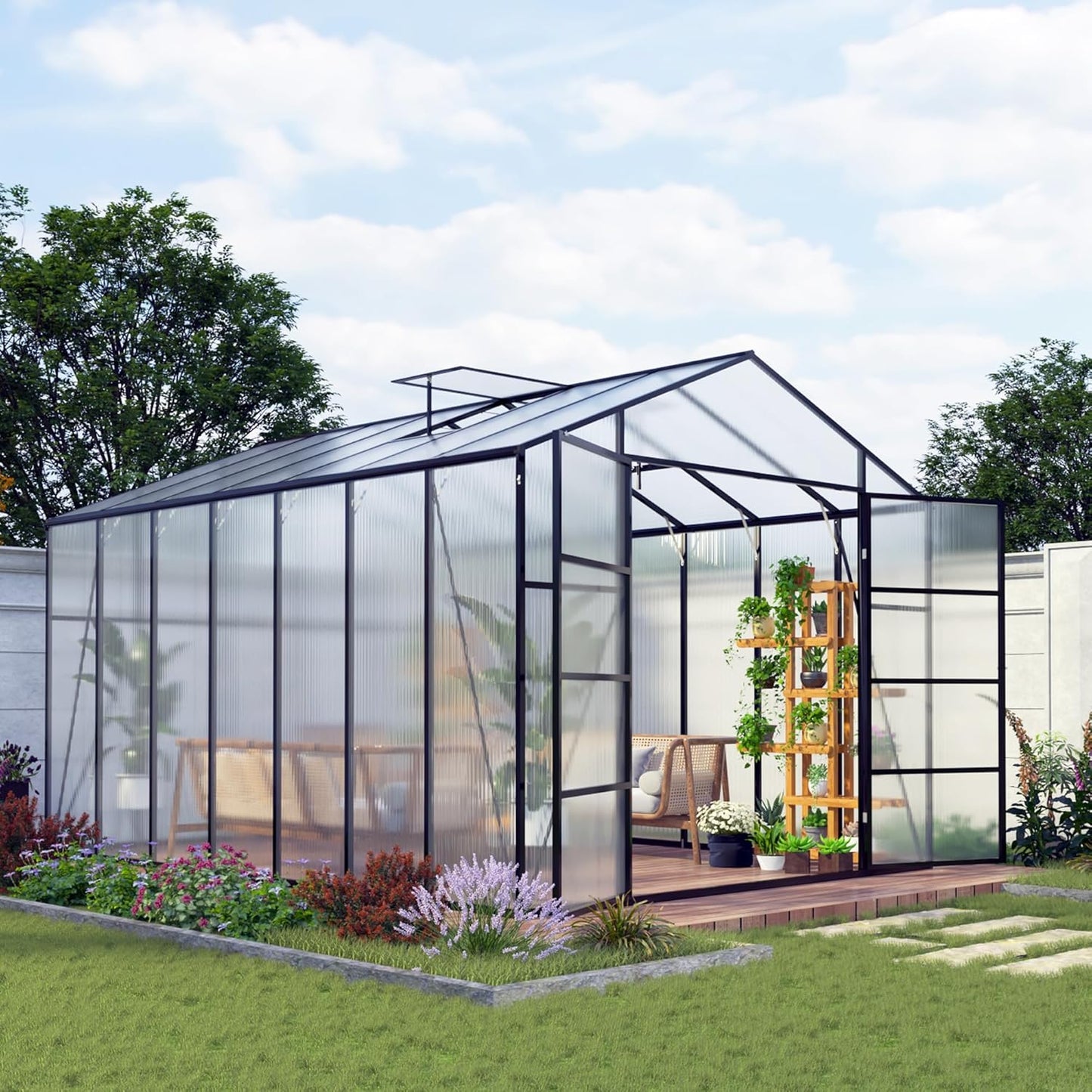 92in High 10*14FT Greenhouse for Outdoors,Polycarbonate Greenhouse with Stronger Wind Protection and Roof Vent,Walk-in Large Aluminum Sunroom Winter Proof,Black