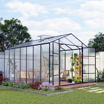 92in High 10*14FT Greenhouse for Outdoors,Polycarbonate Greenhouse with Stronger Wind Protection and Roof Vent,Walk-in Large Aluminum Sunroom Winter Proof,Black
