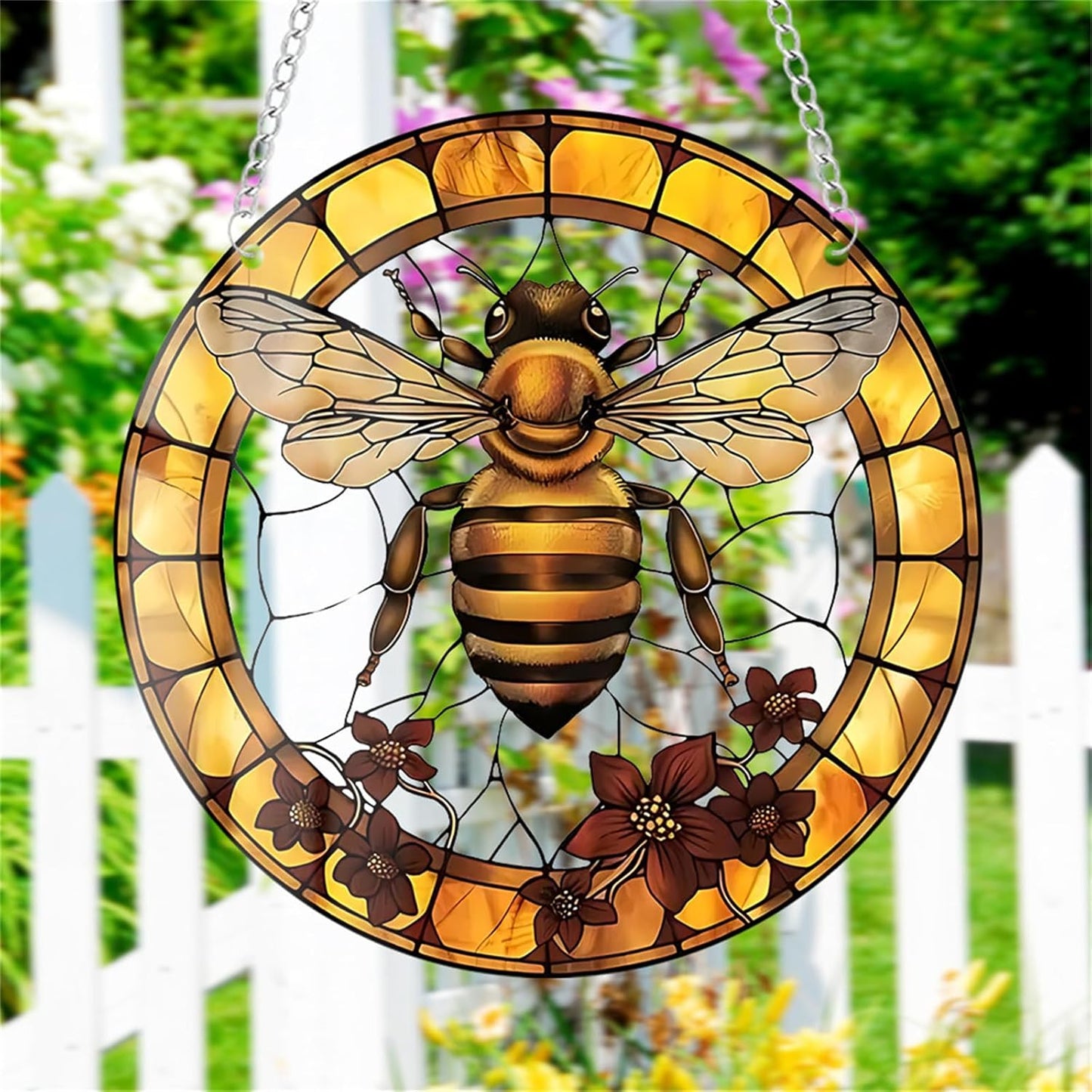 Yellow Bee Stained Suncatchers for Windows Flower Indoor Outdoor Hanging Stained Acrylic Panels, Kitchen Bedroom Garden Wall Art Decoration Gifts for Women Mom Grandma Teacher