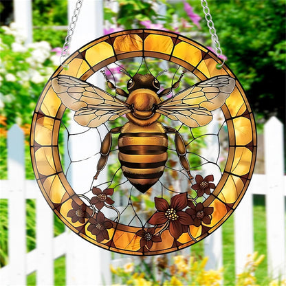 Yellow Bee Stained Suncatchers for Windows Flower Indoor Outdoor Hanging Stained Acrylic Panels, Kitchen Bedroom Garden Wall Art Decoration Gifts for Women Mom Grandma Teacher