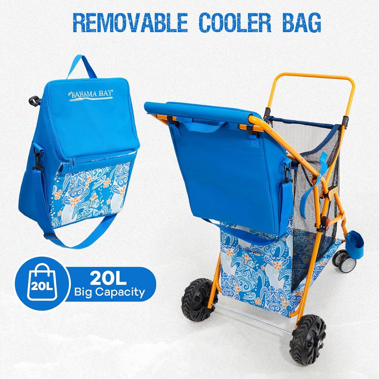 Old Bahama Bay Beach Cart with Large Wheels for Sand, Wide Wheelbase Beach Wagon with Insulated Cooler Bag, Body Board and Umbrella Holder | 100lb Capacity