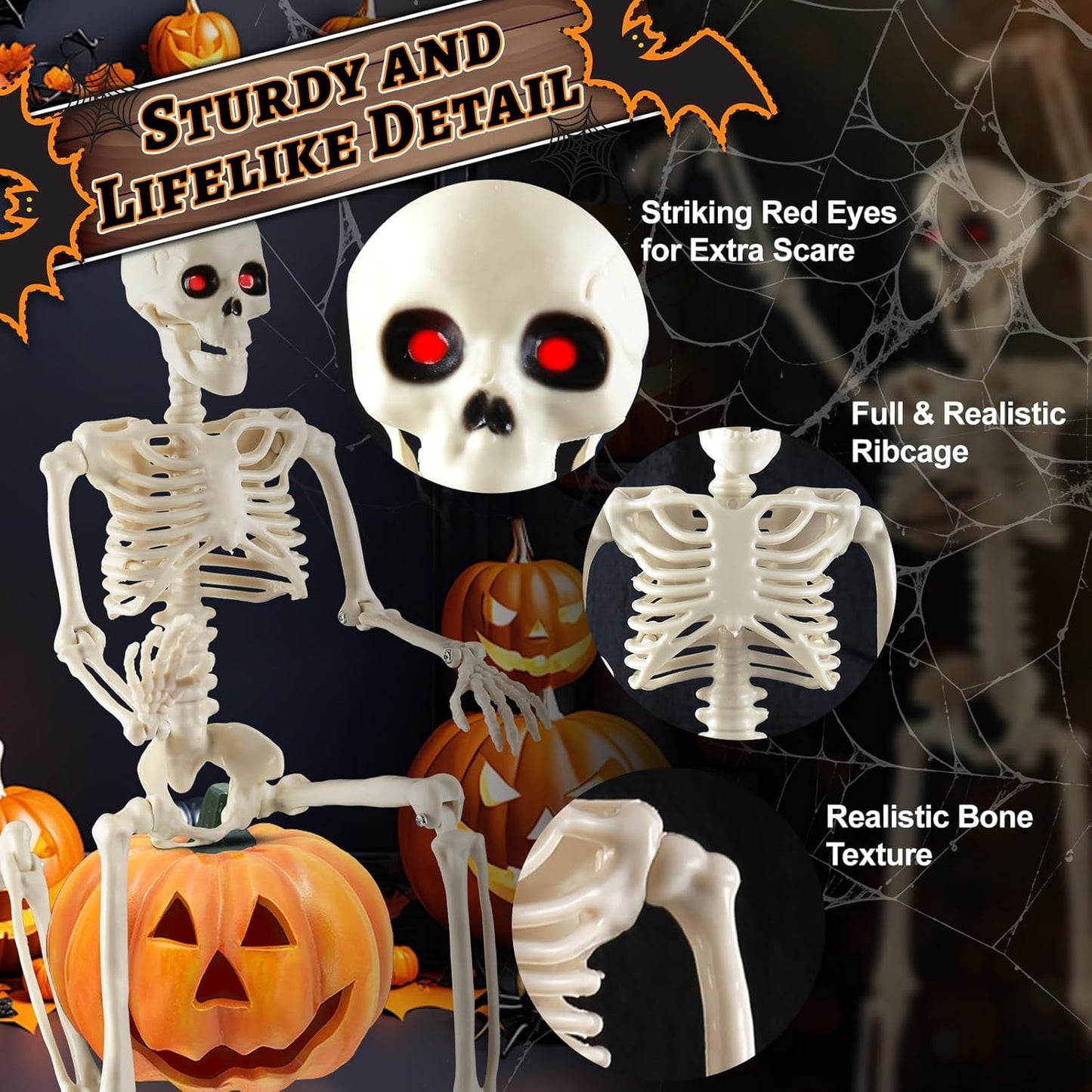 Remiawy Skeleton Halloween Decorations, 16” Full Body Posable Skeletons with Movable Joints, Small Plastic Hanging Props for Haunted House, Yard, Graveyard, Spooky Party Indoor Outdoor Decor, 2 Packs