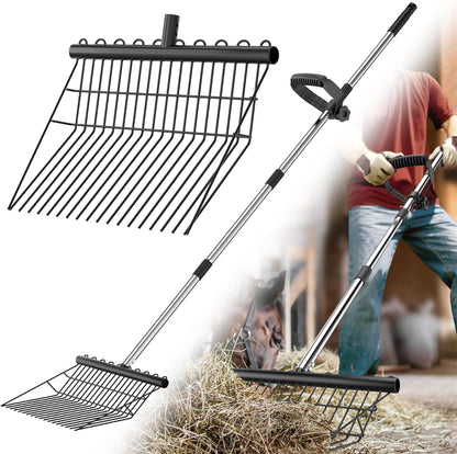 Manure Fork - Metal Horse Manure Rake with 2 Durafork Replacement Heads and 1 Steel Handle, Rustproof Heavy Duty Hay Pitch Fork for Horse Stall Poop