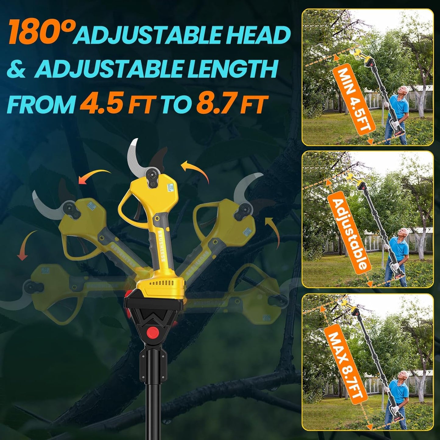 2-in-1 Pole Pruning Shears, 2.0 Inches Cutting Diameter Cordless Electric Pole Pruners - Brushless Motor, 2.0Ah*2 Batteries, SK7 Blade, 8.7FT Adjustable Branches Cutter for Tree Trimming