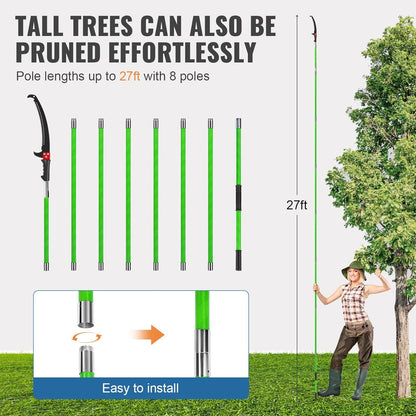 Manual Pole Saw 27ft Extendable Tree Pruner Manual Branches Trimmer Tree Branch Garden Tools Loppers Hand Pole Saws with Lightweight 8 Fiberglass Handles, for Pruning Palms and Shrubs