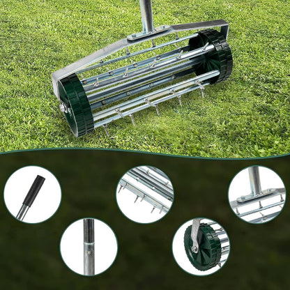 Heavy Duty Rolling Lawn Aerator, Rotary Push Tine Spike Aerator with 1.4-Inch Spikes, 57-Inch Steel Handle, Garden Yard Grass Maintenance Manual Aerator Tool for Improved Soil Aeration Silver