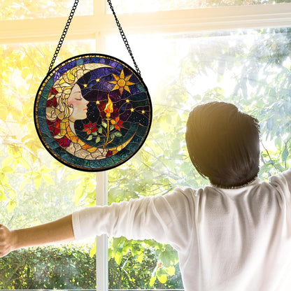 Stained Glass Window Hanging, Moon Goddess Torch Suncatcher Diamond Glass Panel Hangings Dream Sun Catchers Decor for Birthday for Women, Men, Wife, Aunt, and Mom 11.8x11.8 in
